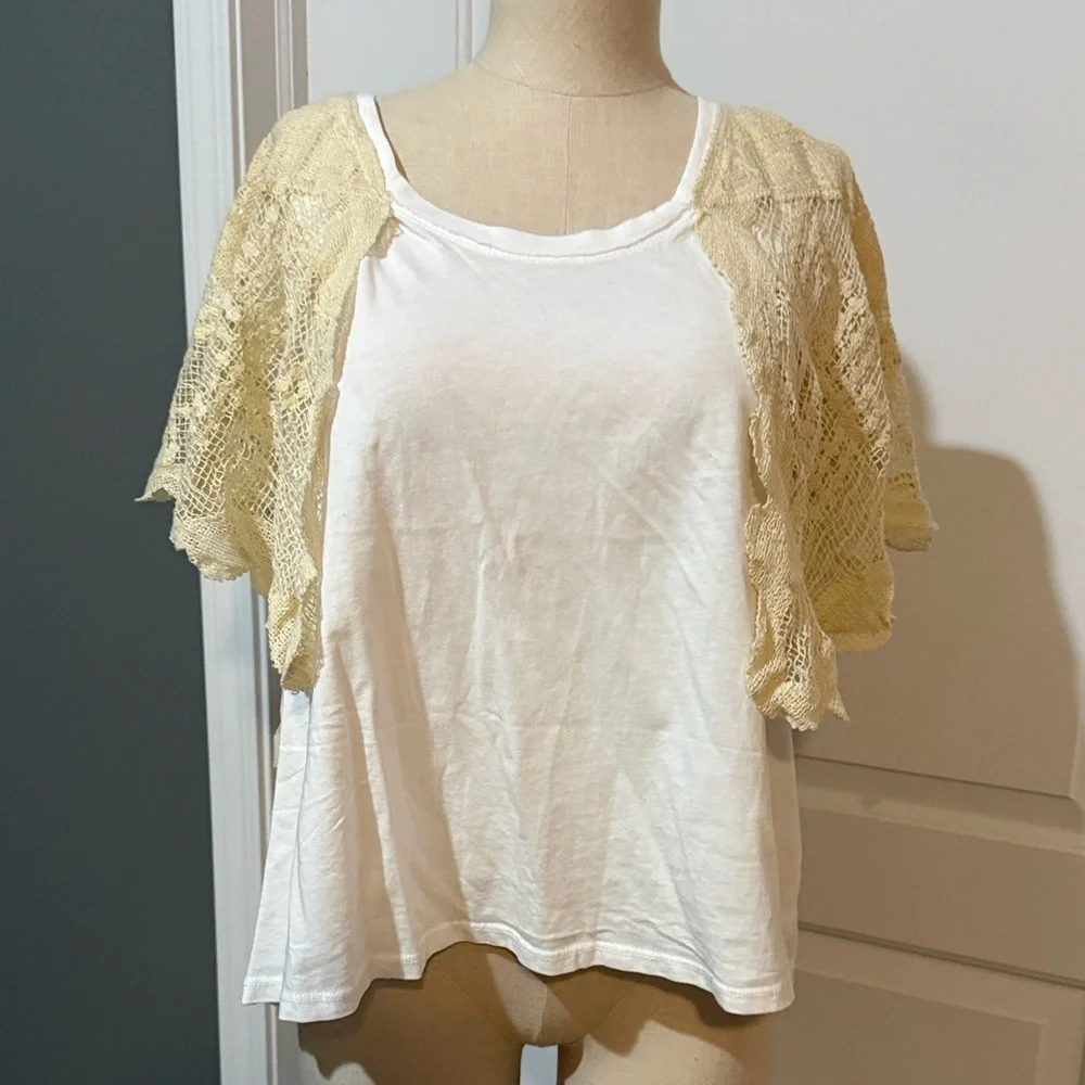 Free People Evangeline Tee White and Cream Lace Overlay Top Sold Out Large NWT - Picture 5 of 8